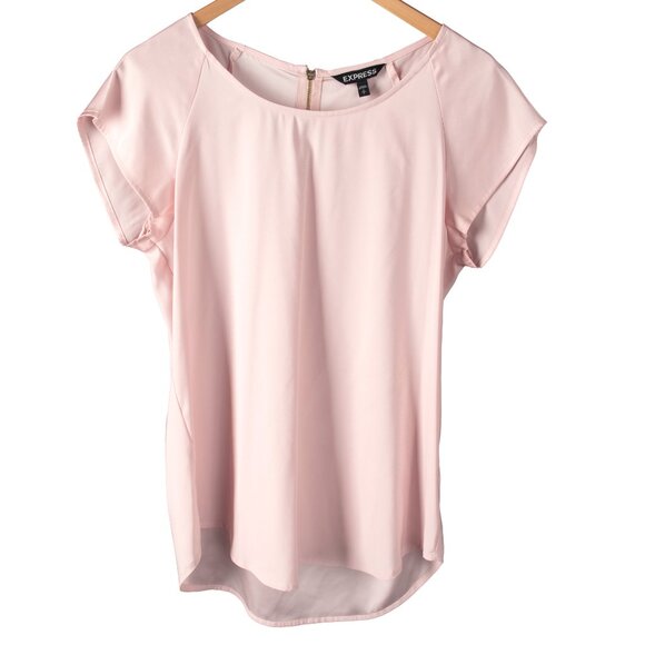 EXPRESS Blouse Silky Raglan Short Sleeve Round Neck Pastel Pink - Picture 1 of 9